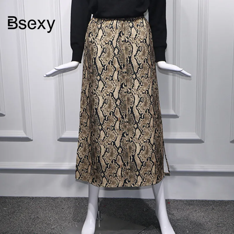 Women Snake Print Skirt Elastic Waist Korean Midi Skirts Women's 2018 Office Lady A Line Split Straight Long Faldas Mujer | Женская
