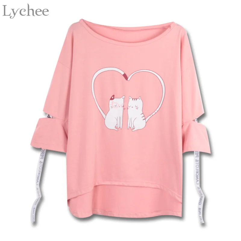 Женская летняя футболка Lychee с вырезами Милая принтом в виде кота и надписи Love на