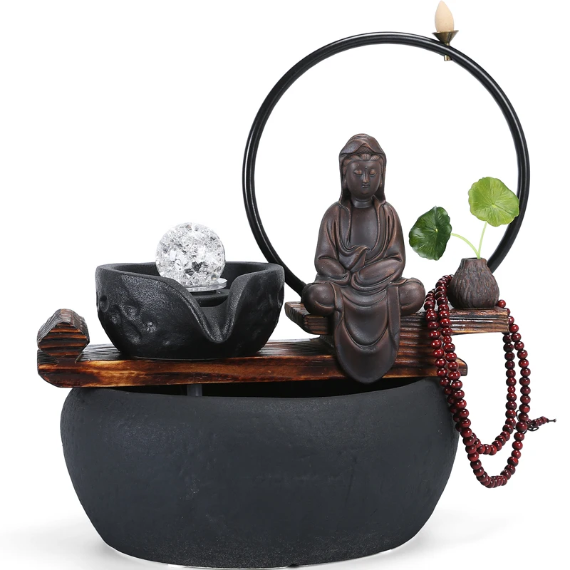 

110V-220V Zen Chinese Feng Shui Wheel Lucky Flowing Water Fountain Living Room Desktop Ornament Air Humidifier Ceramic Fish Tank