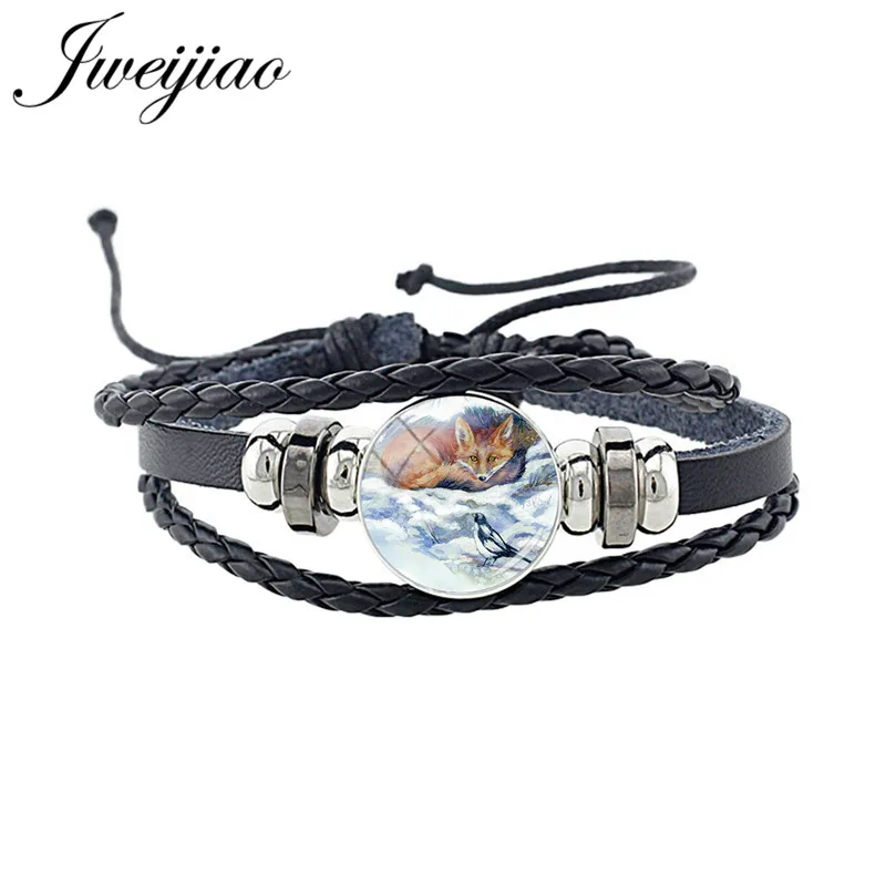 WF01 JWEIJIAO, новинка, милый браслет в виде лисы, стекло, изображение животного, кабошон, очаровательный черный браслет из искусственной кожи, браслет, браслет в стиле панк, ювелирное изделие, подарок CN96 - Окраска металла: WF01