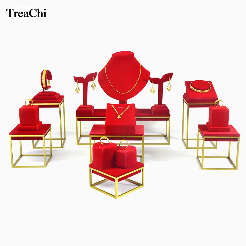 

Stainless Steel Jewelry Display Counter Showcase Red Velvet Necklace Ring Bracelet Organizer Earring Watch Window Display Stand