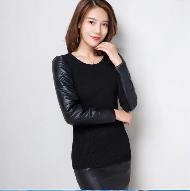 low round collar Осенне-зимний женский модный кожаный лоскутный свитер, женский тонкий эластичный свитер с высоким воротником и кожаными рукавами, пуловеры - Цвет: low round collar