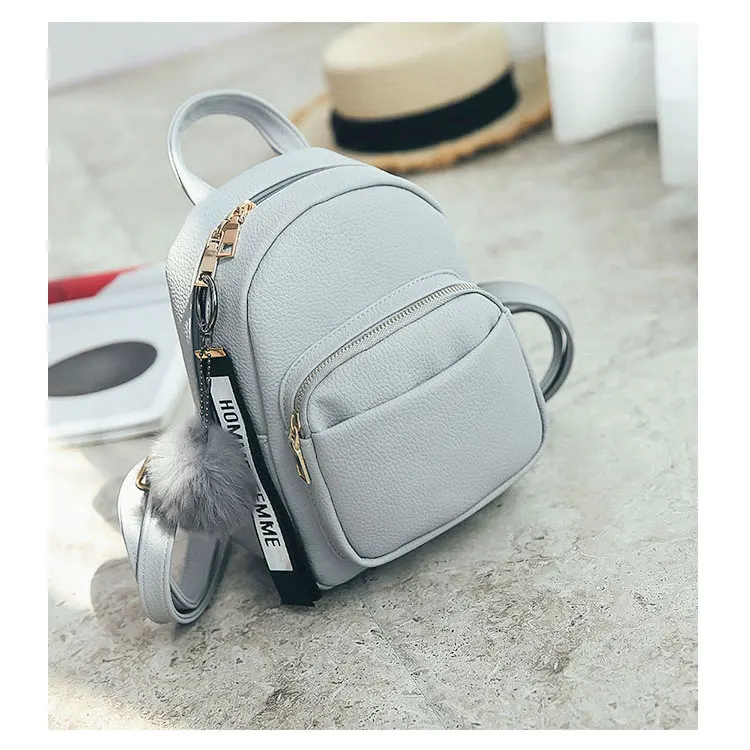 Wobag Мини женские рюкзаки из искусственной кожи студенческий пушистый шар кулон плеча школьные сумки женский маленький дорожный Рюкзак Черный - Цвет: Gray