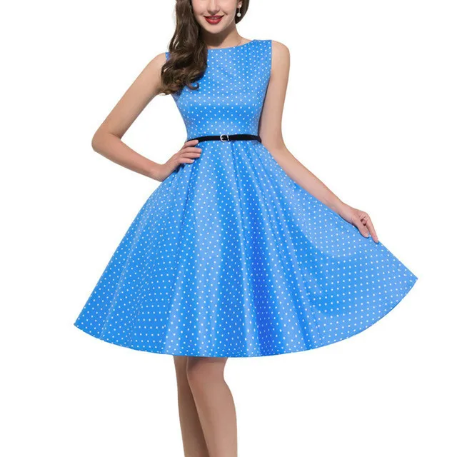 2018 Women Summer Dress Blue Audrey Hepburn Robe Printed Dot Swing Vintage Dresses 50s 60s Rockabilly Vestidos With Belt | Женская