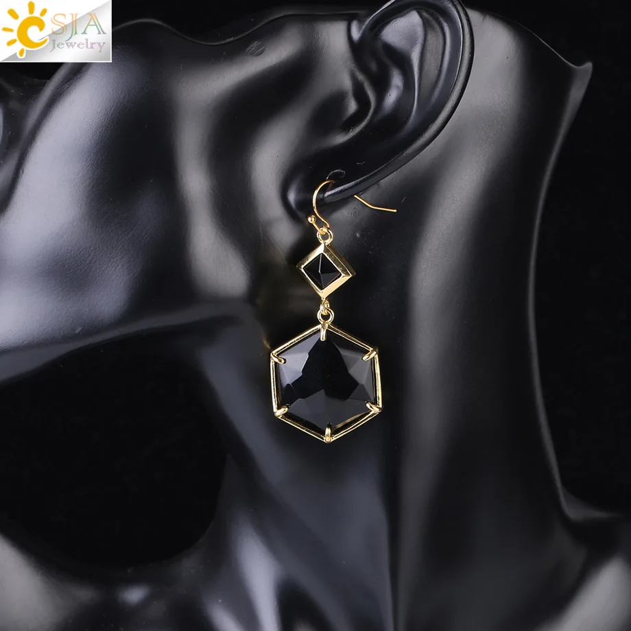 Black Onyx CSJA Женские Висячие серьги с зубцами, геометрические драгоценные камни, ювелирные изделия, двухсторонний граненый Шестигранник, натуральный камень, лабрадорит, серьги F409 - Окраска металла: Black Onyx