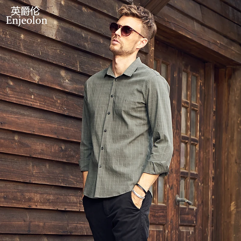 Enjeolon Spring Autumn Camisa Masculina Shirt Men Black Plaid 3XL Shirts Blouse Cotton Long Sleeve Casual CX2336-1 | Мужская одежда