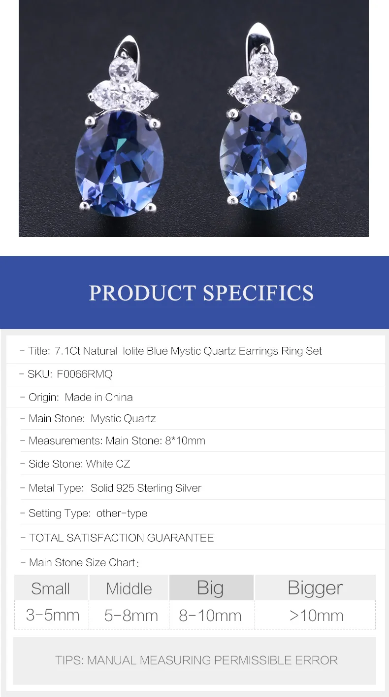 Gem's Ballet 7.1Ct натуральный иолит синий мистический кварцевый камень, ювелирный набор, твердый 925 пробы, серебряные серьги, набор колец для женщин
