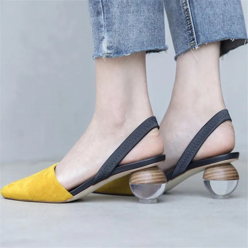 

Unique Ball Heel Sandals Back Strap Pointed Toe Black Genuine Leather Women Party Summer Slip on Shoes Large Size33-43