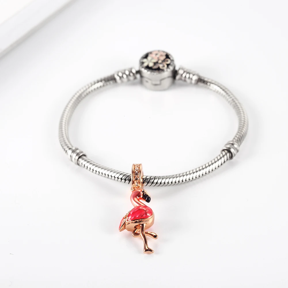 Подвеска «Фламинго» Fit Pandora Браслеты талисманы Серебро 925 оригинальные бусины Аутентичные Серебряные DIY ювелирных изделий дропшиппинг