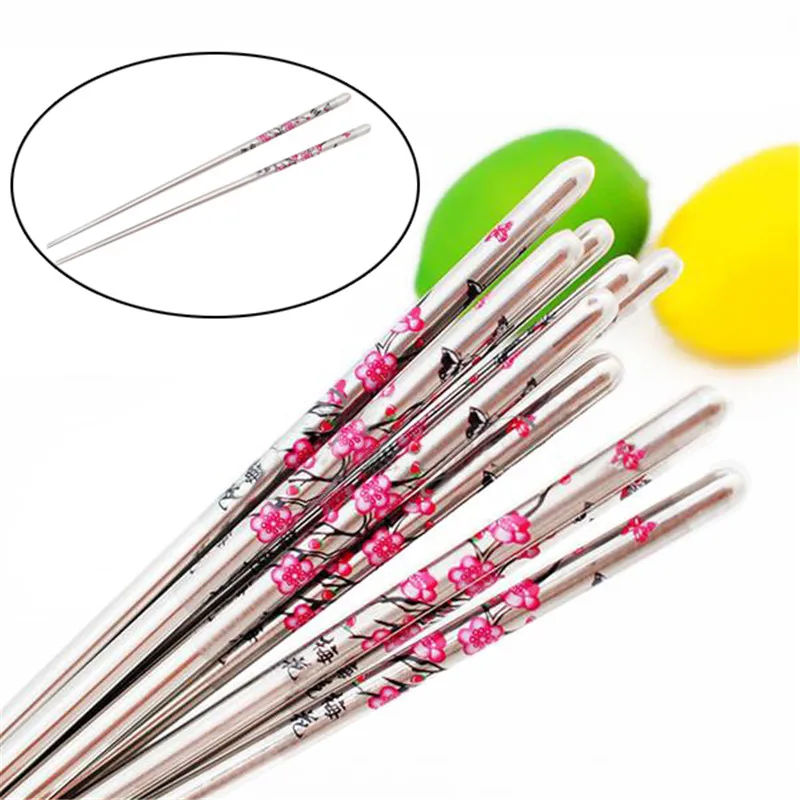 

5 Pairs/lot Chopsticks Plum Flower Pattern Minion Chop Sticks Palillos Stainless Steel Chopsticks Non-slip Design Kitchen
