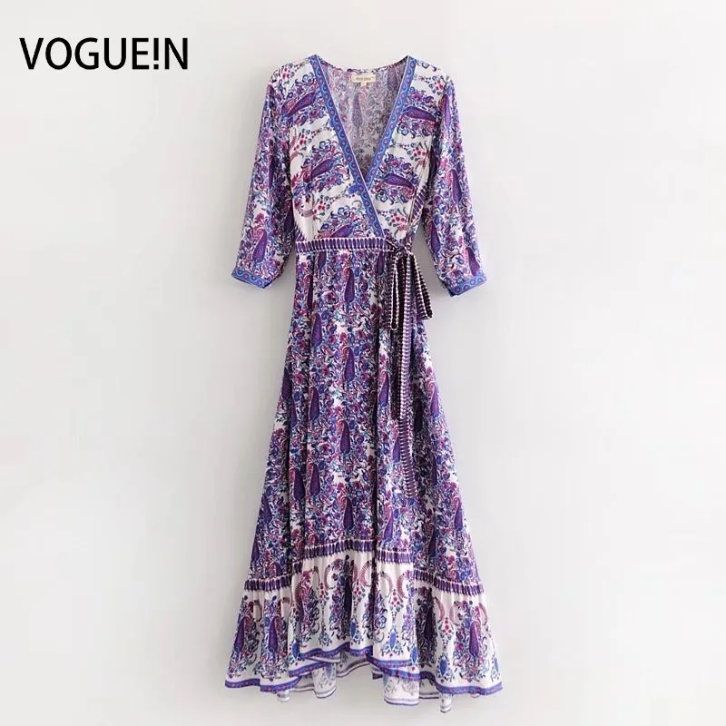 Женское платье макси VOGUEIN винтажное с цветочным принтом рукавом 3/4 v-образным