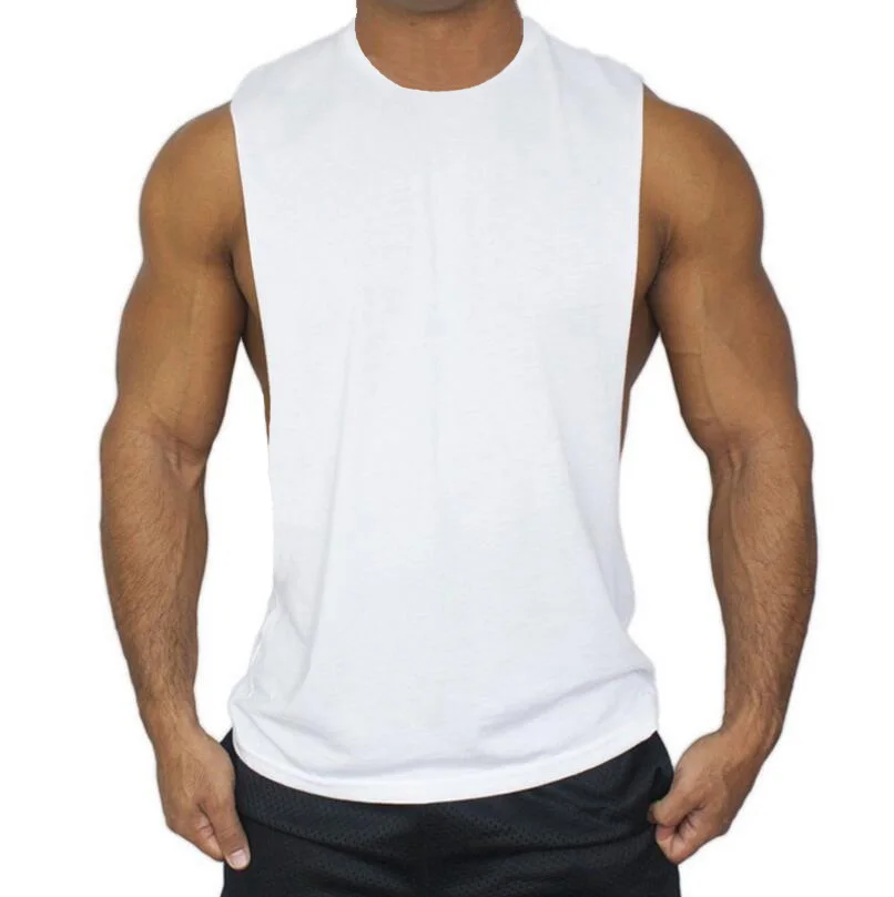 New Fashion Cotton Cut Off Sleeveless Shirts Bodybuilding Stringer Tank Top Men Fitness Mens Singlet Workout Gym Clothing Vest - Цвет: Белый