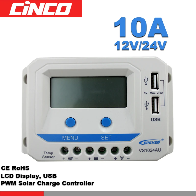 VS1024AU 10A 12В/24В ШИМ Солнечный контроллер с ЖК дисплеем 5VDC USB выход для солнечной