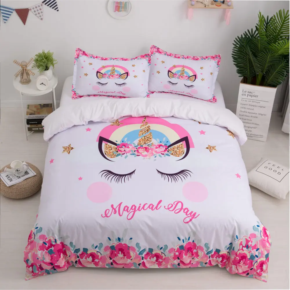 Thumbedding Dancing Long Hair Unicorn Bedding Set Cartoon 100% Microfiber Twin Full Queen King 3D Duvet Cover With Pillowcase | Дом и сад