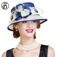 fs british blue white sinamay wedding hat for women elegant church flower wide brim fedoras 2020 linen kentucky derby hat lady