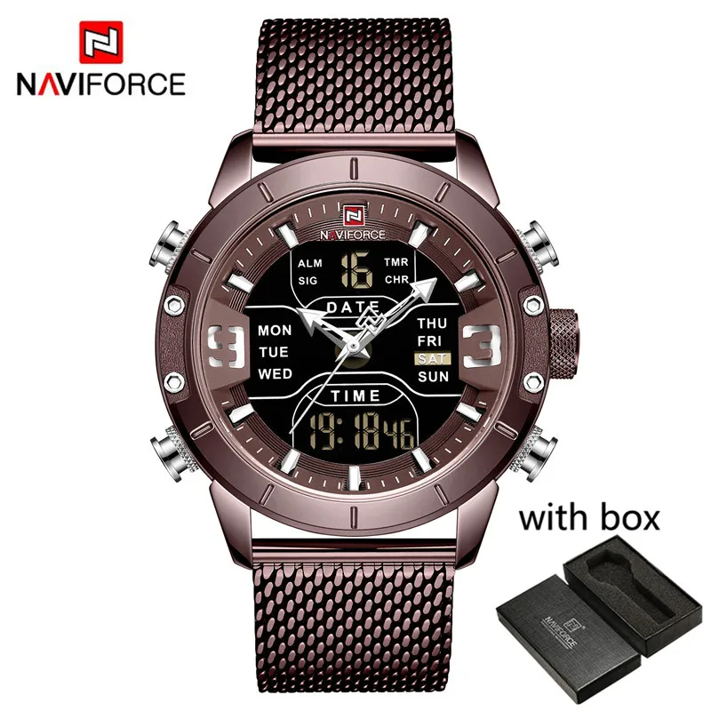 NA915303 with box Мужские часы от ведущего бренда NAVIFORCE, мужские модные спортивные часы, мужские водонепроницаемые кварцевые цифровые светодиодные часы, мужские наручные часы в стиле милитари 9153 - Цвет: NA915303 with box