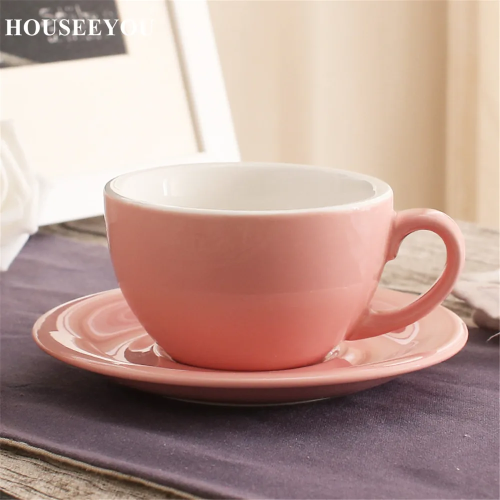 pink 200 мл Макарон с широким горлышком капучино кофейная чашка с блюдцем Европейская Толстая цветная глазурованная керамика эспрессо кофейные чашки наборы - Цвет: pink