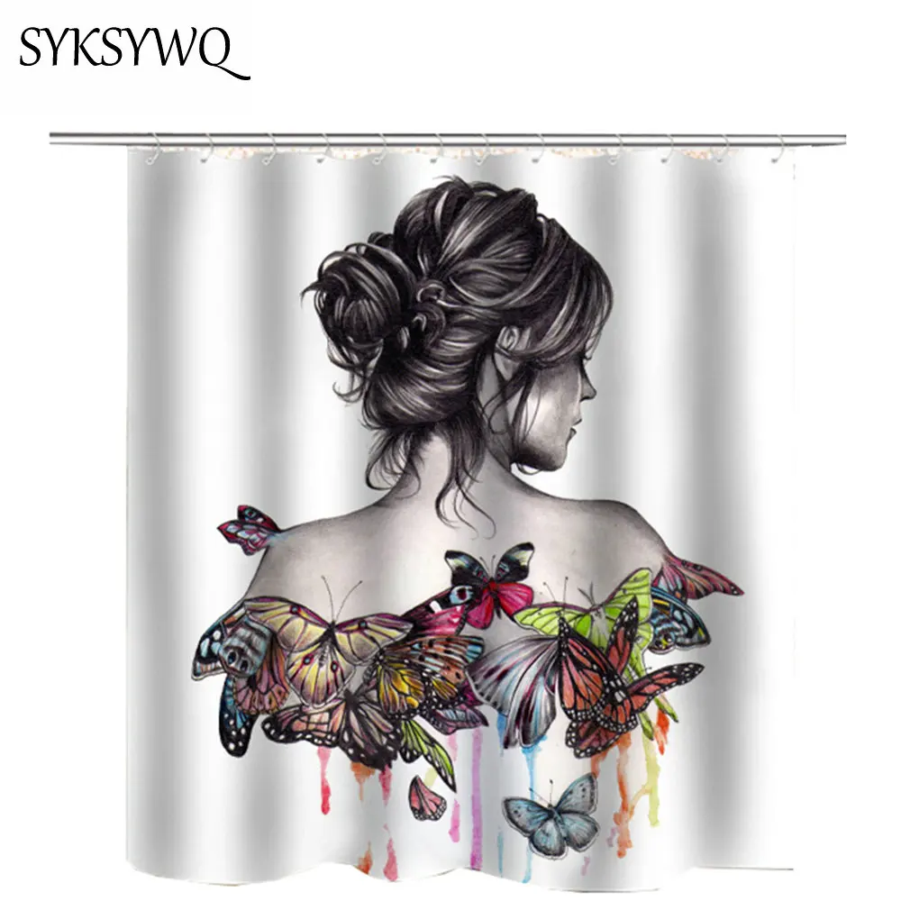 

Black Hat Women Shower Curtain Flower Printed Washable 3D Waterproof Bath Curtain Bathroom Shower Curtain