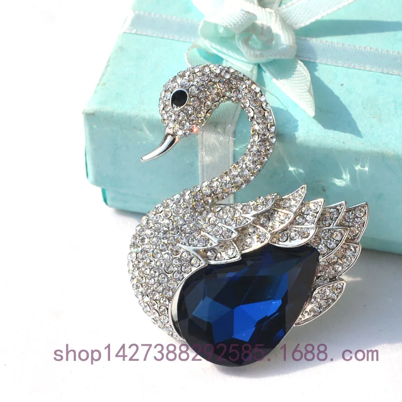 Женская брошь в форме лебедя синего цвета с родиевым покрытием|brooch rhinestone|fashion jewelry
