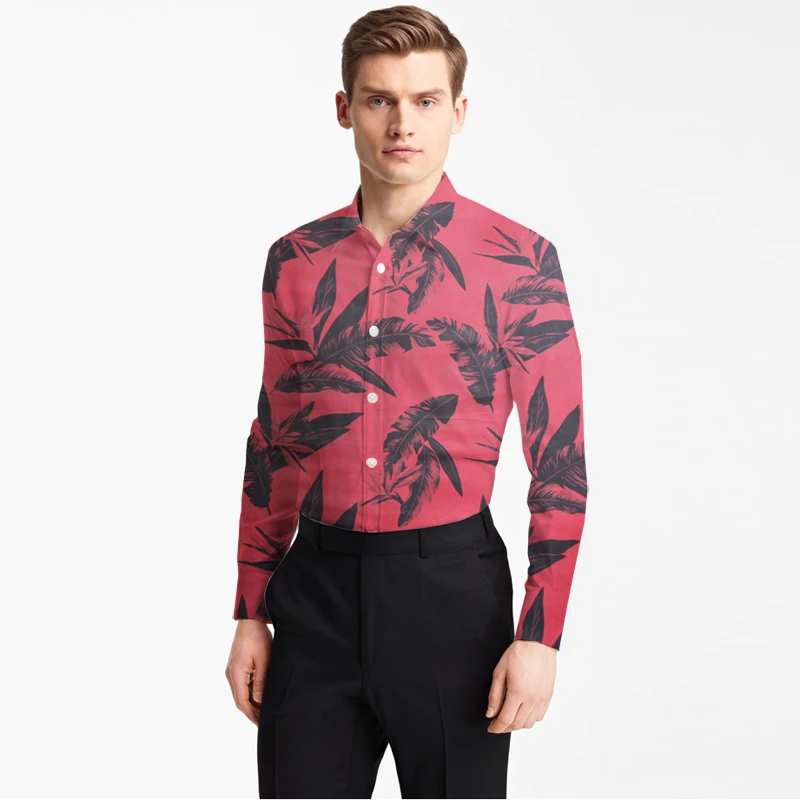 Мужская хлопковая рубашка из ткани Оксфорд с принтом больших черных листьев