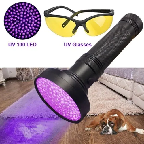100 uv w glasses 100Led Высокая мощность УФ-вспышка светильник фонарь 395nm ультрафиолетовые скорпионы pet детектор утечки мочи светодиодный светильник AA батарея - Испускаемый цвет: 100 uv w glasses