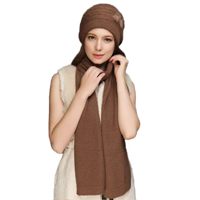 Brown Cap And Scarf FS Зимняя шерстяная вязаная шапка, шапочка, шарф, комплект для женщин, вязаные шапочки-шапочки, коричневые, Серые меховые шапки с помпоном, капот Foulard Femme - Цвет: Brown Cap And Scarf