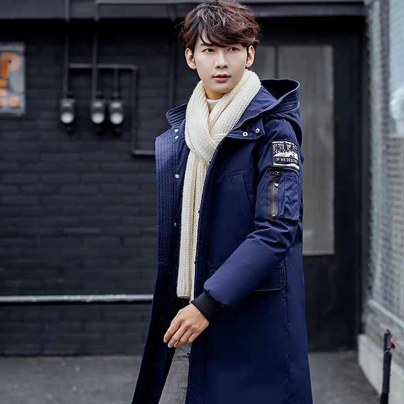 Очень длинный зимний мужской пуховик повседневная куртка на гусином пуху парка с