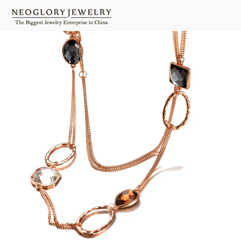 Neoglory кристалл сплав розовое золото цвет Брендовое длинное ожерелье массивные