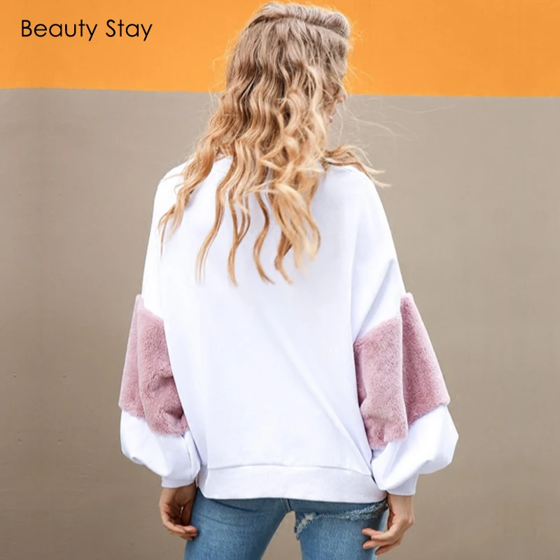 BeautyStay Loose Faux Fur Women Hoodies Sweatshirs Autumn Winter Long Sleeve Pullover Girl Oversize Patchwork Female Sweatshirt | Женская