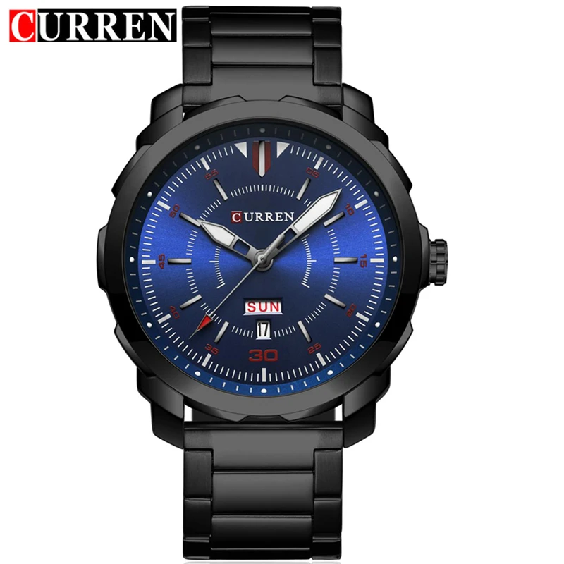 Curren Мужские кварцевые часы из нержавеющей стали серебристо черный ремешок Авто