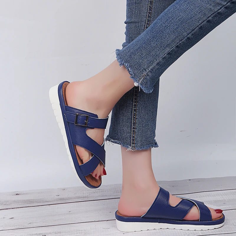 Rimocy flat heels slippers women summer casual beach solid leather platform slides plus size 35-43 european sandalias mujer 2019 | Обувь