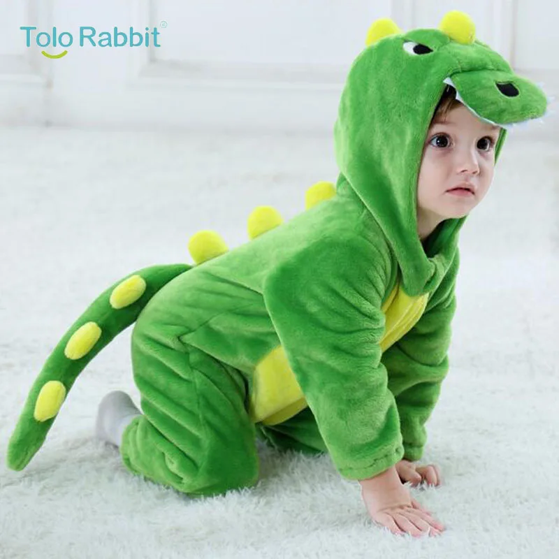 Baby Cartoon Rompers Newborn Hooded Toddler Clothing Boys Girls Minions Animal Jumpsuit Playsuit Costume Flannel Baby Rompers - Цвет: Dinosaur
