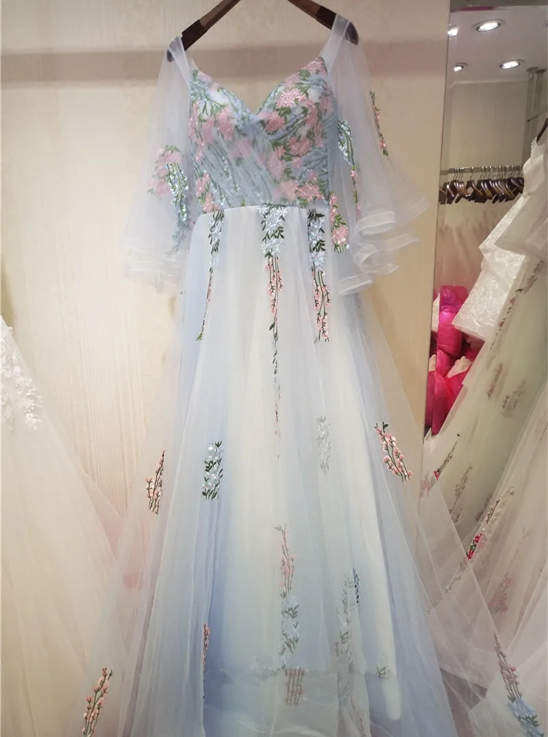 Vestido de festa Longo/Длинные Свадебные платья с длинными рукавами и вырезом лодочкой и цветочным рисунком небесно-голубые Свадебные платья большого размера - Цвет: sky blue