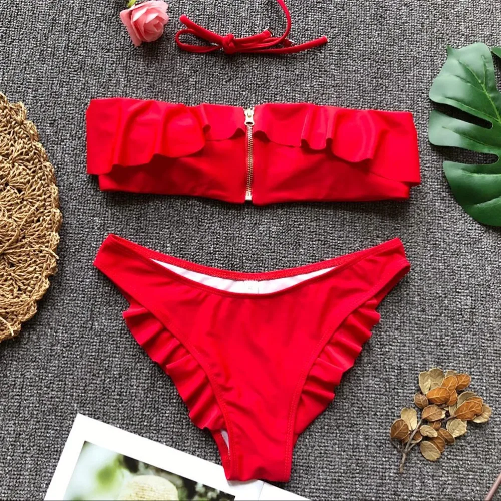 Midou Red Zipper бикини набор пуш ап стеганая одежда для купания купальник пляжная