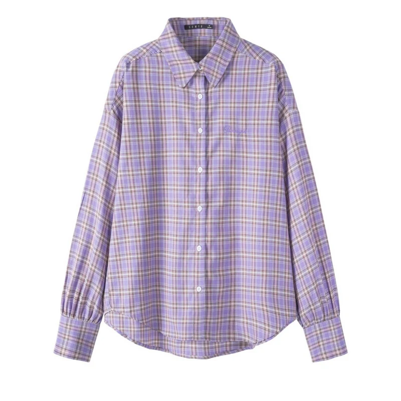 Purple SEMIR Женская клетчатая длинная рубашка из хлопка, куртка с вышивкой, Женская длинная рубашка с отложным воротником и зауженной талией - Цвет: Purple