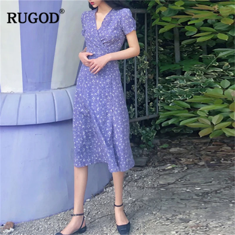 RUGOD/2019 Новое Женское фиолетовое Лавандовое Цветочное платье с v образным вырезом