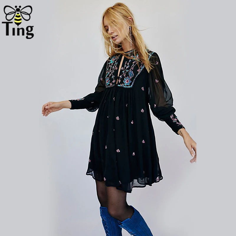 Tingfly Новое поступление свободный стиль Embroideery свободное мини-платье женское