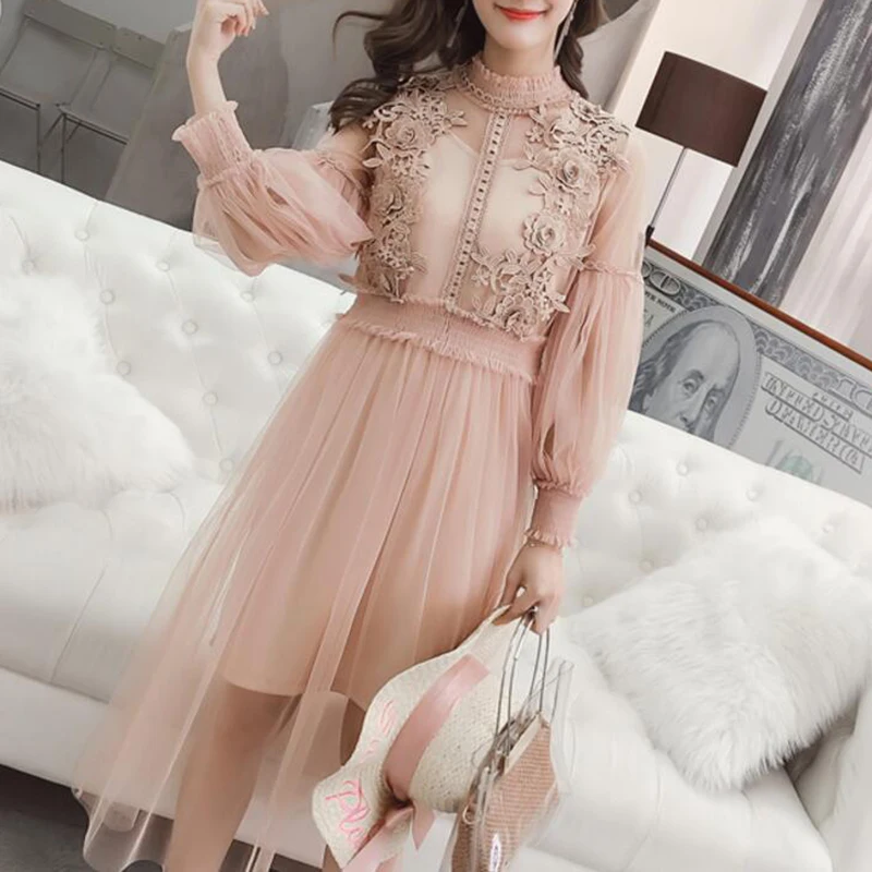 Женское кружевное Открытое платье с пышными рукавами и цветочным рисунком