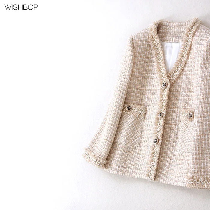 Женская твидовая куртка с V-образным вырезом роскошная подиумная бахромой