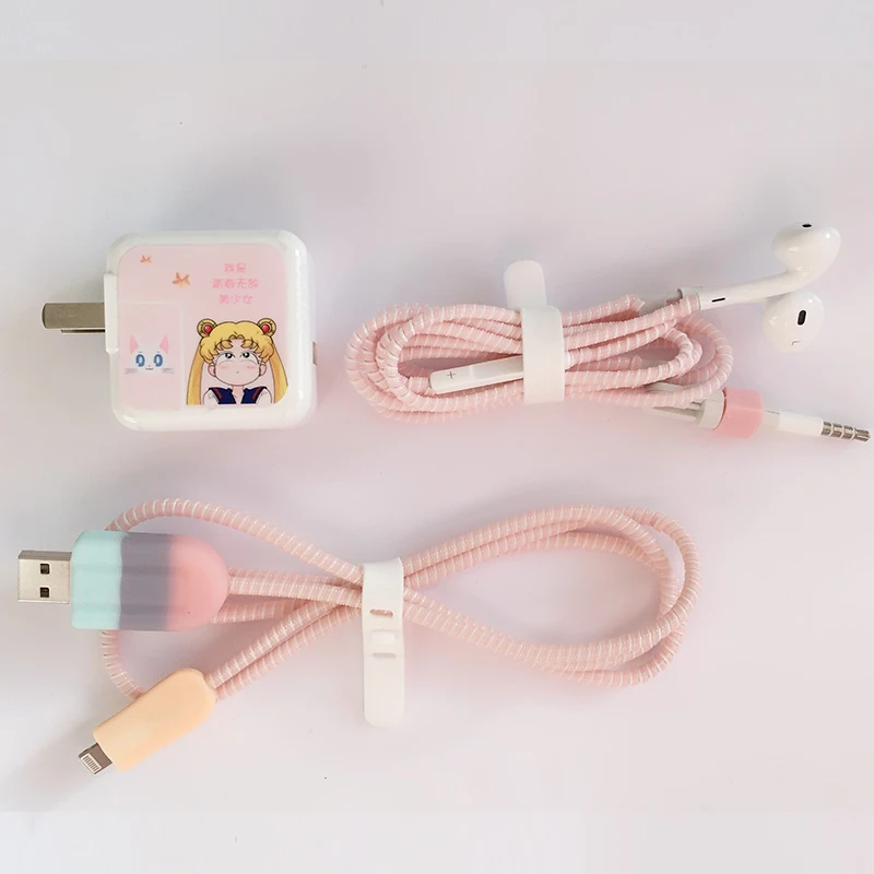 Кабель намотки мультфильм USB протектор для кабеля передачи данных набор с наклейки для зарядного устройства Спиральный шнур протектор для ipad