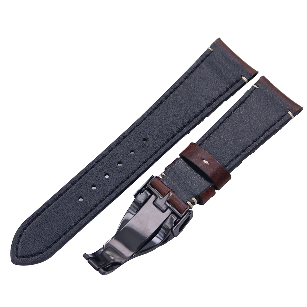 Rolamy 22mm Wholesale Durable Genuine Leather Wrist Watchband Strap Belt Loops Band Bracelets For IWC Tudor Seiko