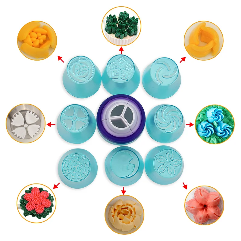 

(4sets/Lot)Free Shipping FDA High Quality 8pcs Plastic Nozzles With Tri-Colors Coupler and Pastry Bag Set