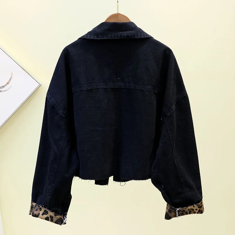 2019 винтажная короткая черная джинсовая куртка женская леопардовая с длинным