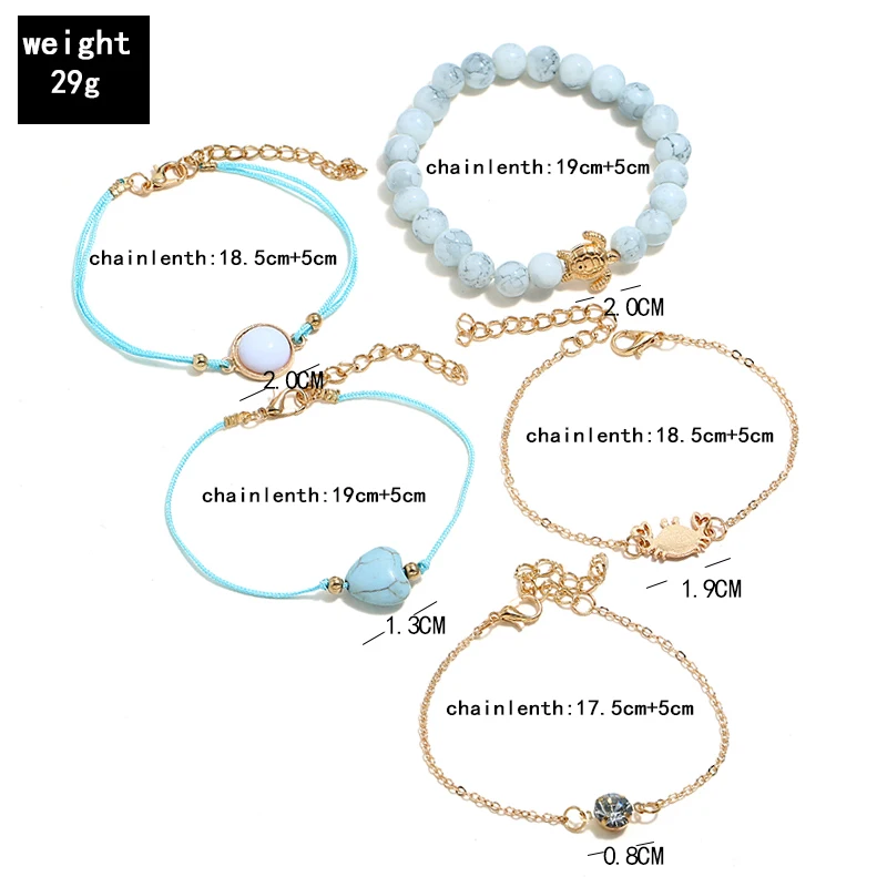 

5pc/Set Trendy Heart Natural Stone Open Chain Charm Crystal Bracelets For Beautiful Women Bangle Female Multicolor Jewelry Gift