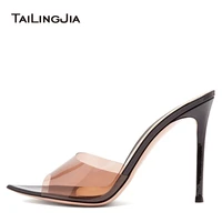 trendy sexy heeled ladies pointed open toe slip on party stiletto high heel clear mule slides woman nude pvc transparent shoes
