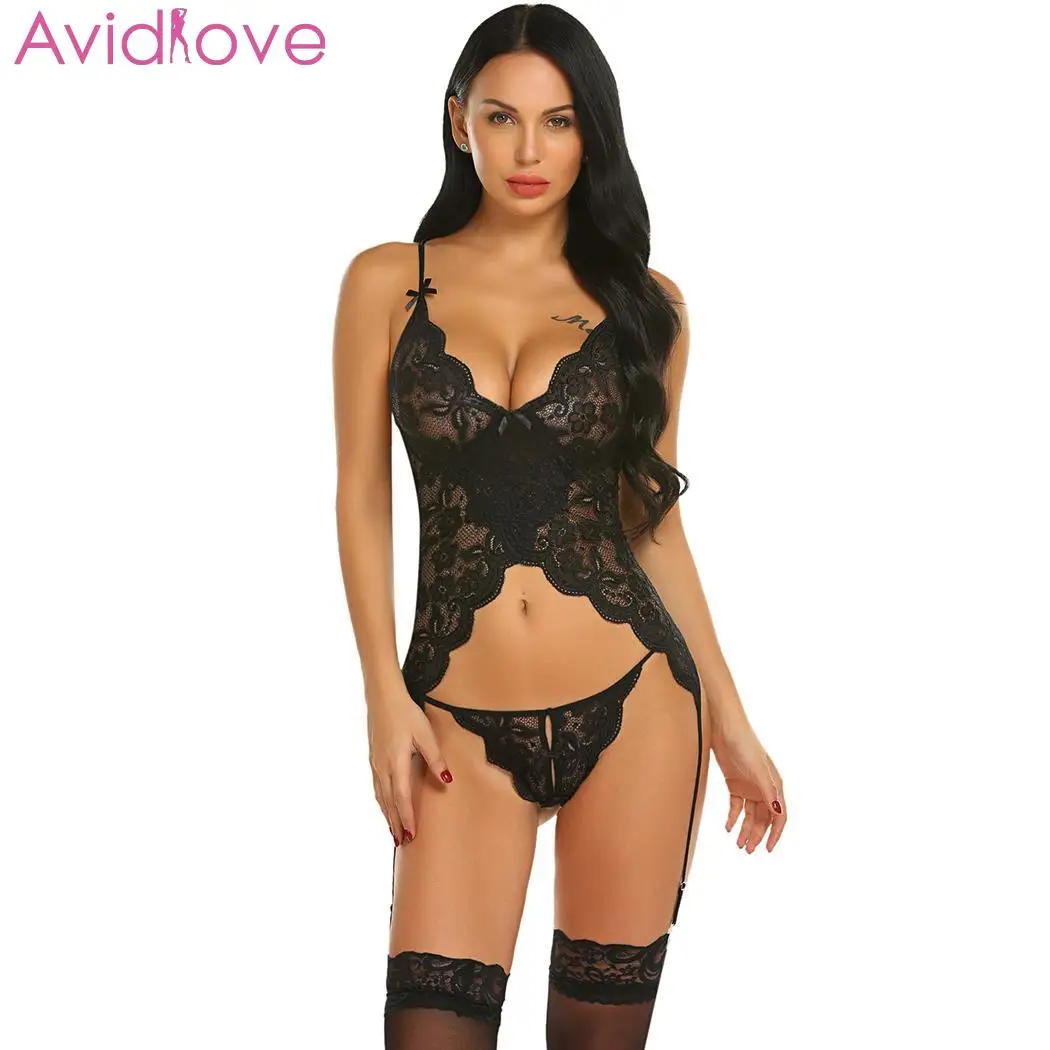 Avidlove, женские сексуальные костюмы, наборы, сексуальное кружевное белье, сорочка с подвязками, ночное белье, lenceria femenina - Цвет: Black