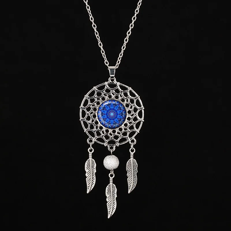 SUTEYI винтаж синий цветок жизни ожерелье Мандала серебро Цвет Ловец снов ожерелья