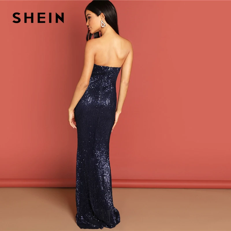 SHEIN темно-синее элегантное Сетчатое платье без бретелек с блестками, облегающее вечернее платье с высокой талией и молнией сзади, летнее женское платье для вечеринок