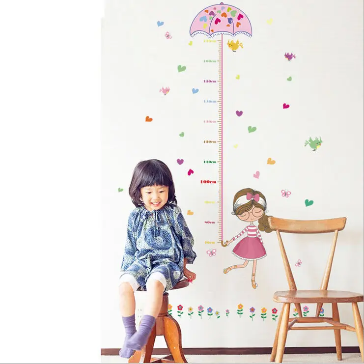 Cute Girl Umbrella Measure Height wall stickers decal kids adhesive vinyl wallpaper mural baby girl boy room nursery decor | Дом и сад