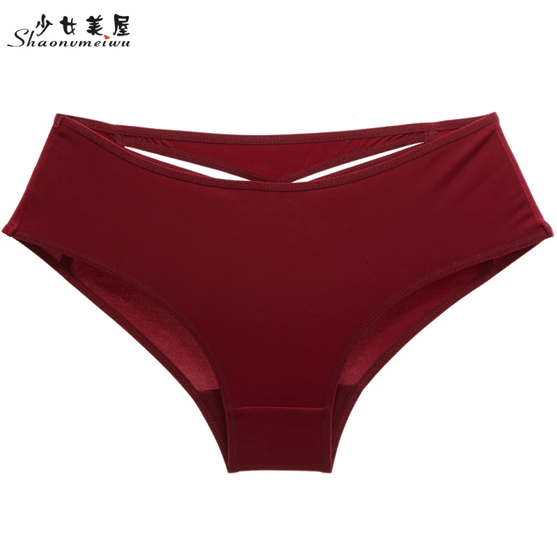shaonvmeiwu Women thin breathable underwear hollow low waist carry buttock briefs large size trousers cotton crotch black - Цвет: Бургундия
